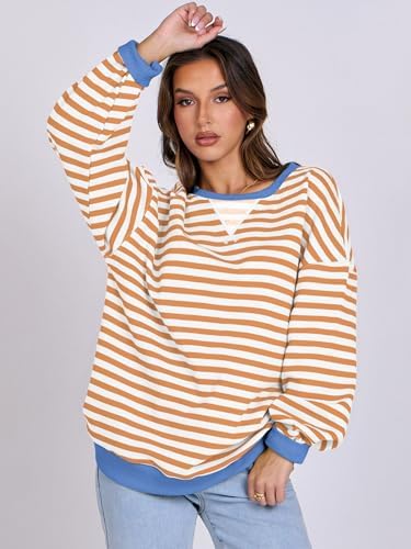 Women's Striped Oversized Crewneck Sweatshirt - Long Sleeve Pullover Trendy Top - Picture 39 of 155