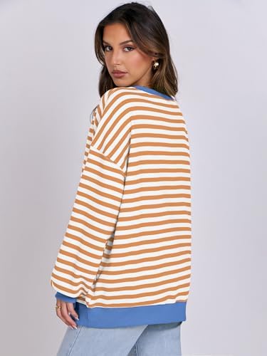 Women's Striped Oversized Crewneck Sweatshirt - Long Sleeve Pullover Trendy Top - Picture 40 of 155