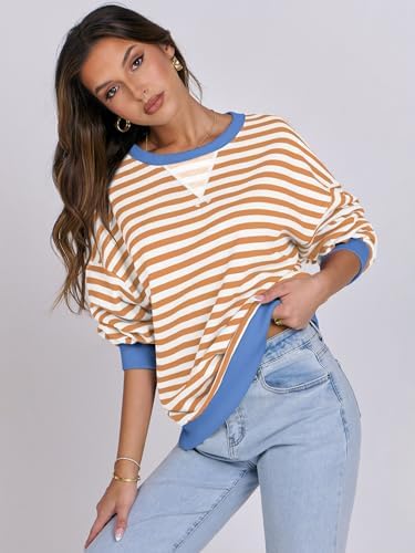 Women's Striped Oversized Crewneck Sweatshirt - Long Sleeve Pullover Trendy Top - Picture 41 of 155