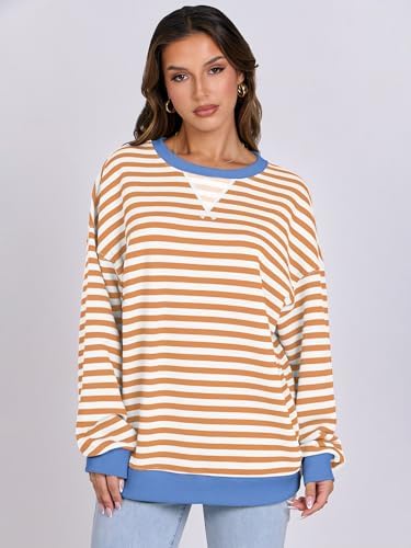 Women's Striped Oversized Crewneck Sweatshirt - Long Sleeve Pullover Trendy Top - Picture 42 of 155