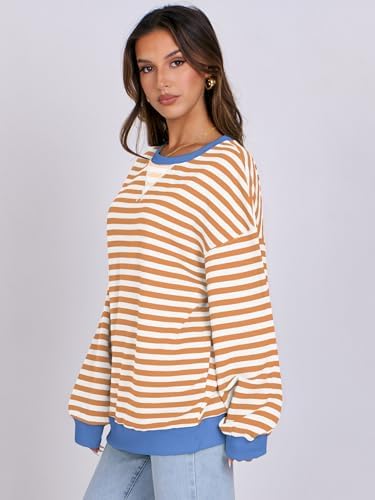 Women's Striped Oversized Crewneck Sweatshirt - Long Sleeve Pullover Trendy Top - Picture 43 of 155