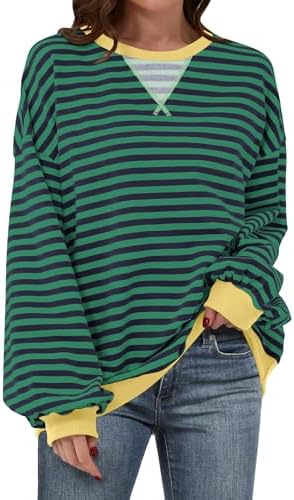 Women's Striped Oversized Crewneck Sweatshirt - Long Sleeve Pullover Trendy Top - Picture 44 of 155