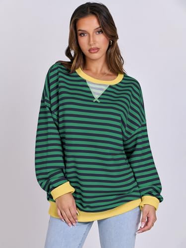 Women's Striped Oversized Crewneck Sweatshirt - Long Sleeve Pullover Trendy Top - Picture 45 of 155