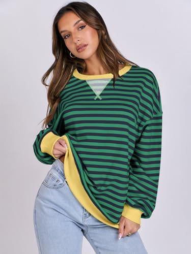 Women's Striped Oversized Crewneck Sweatshirt - Long Sleeve Pullover Trendy Top - Picture 46 of 155