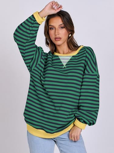 Women's Striped Oversized Crewneck Sweatshirt - Long Sleeve Pullover Trendy Top - Picture 47 of 155