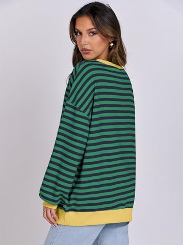 Women's Striped Oversized Crewneck Sweatshirt - Long Sleeve Pullover Trendy Top - Picture 48 of 155