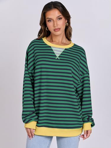 Women's Striped Oversized Crewneck Sweatshirt - Long Sleeve Pullover Trendy Top - Picture 50 of 155