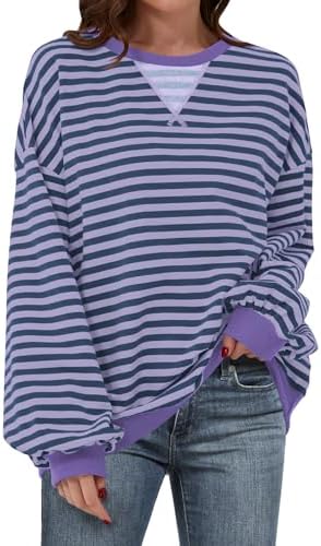 Women's Striped Oversized Crewneck Sweatshirt - Long Sleeve Pullover Trendy Top - Picture 52 of 155