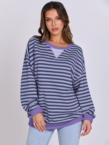 Women's Striped Oversized Crewneck Sweatshirt - Long Sleeve Pullover Trendy Top - Picture 53 of 155
