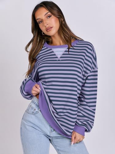 Women's Striped Oversized Crewneck Sweatshirt - Long Sleeve Pullover Trendy Top - Picture 54 of 155