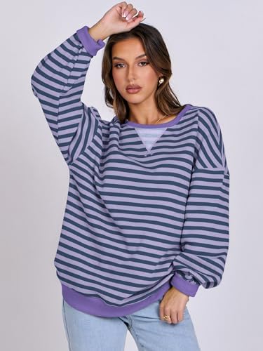 Women's Striped Oversized Crewneck Sweatshirt - Long Sleeve Pullover Trendy Top - Picture 55 of 155