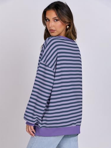 Women's Striped Oversized Crewneck Sweatshirt - Long Sleeve Pullover Trendy Top - Picture 56 of 155