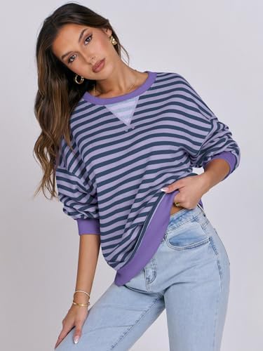 Women's Striped Oversized Crewneck Sweatshirt - Long Sleeve Pullover Trendy Top - Picture 57 of 155