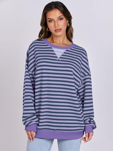 Women's Striped Oversized Crewneck Sweatshirt - Long Sleeve Pullover Trendy Top - Picture 58 of 155