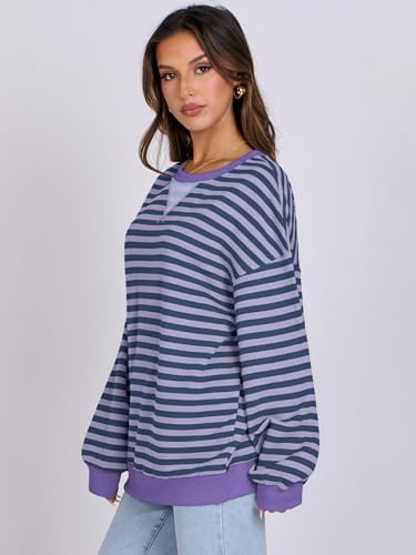 Women's Striped Oversized Crewneck Sweatshirt - Long Sleeve Pullover Trendy Top - Picture 59 of 155