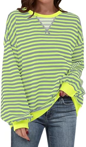 Women's Striped Oversized Crewneck Sweatshirt - Long Sleeve Pullover Trendy Top - Picture 60 of 155