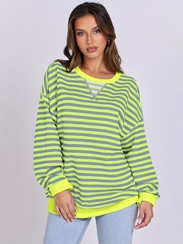 Women's Striped Oversized Crewneck Sweatshirt - Long Sleeve Pullover Trendy Top - Picture 61 of 155