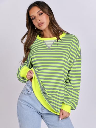 Women's Striped Oversized Crewneck Sweatshirt - Long Sleeve Pullover Trendy Top - Picture 62 of 155