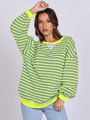 Women's Striped Oversized Crewneck Sweatshirt - Long Sleeve Pullover Trendy Top - Picture 63 of 155