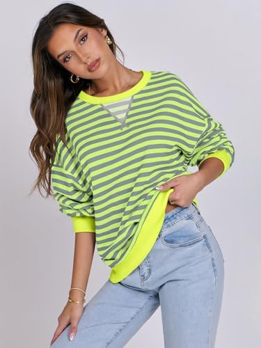 Women's Striped Oversized Crewneck Sweatshirt - Long Sleeve Pullover Trendy Top - Picture 65 of 155