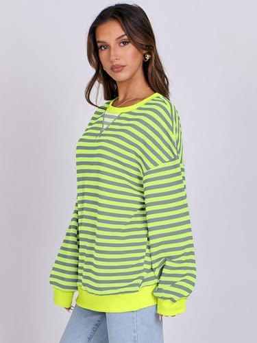 Women's Striped Oversized Crewneck Sweatshirt - Long Sleeve Pullover Trendy Top - Picture 67 of 155