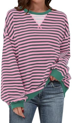 Women's Striped Oversized Crewneck Sweatshirt - Long Sleeve Pullover Trendy Top - Picture 68 of 155