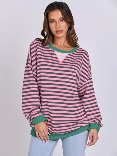 Women's Striped Oversized Crewneck Sweatshirt - Long Sleeve Pullover Trendy Top - Picture 69 of 155
