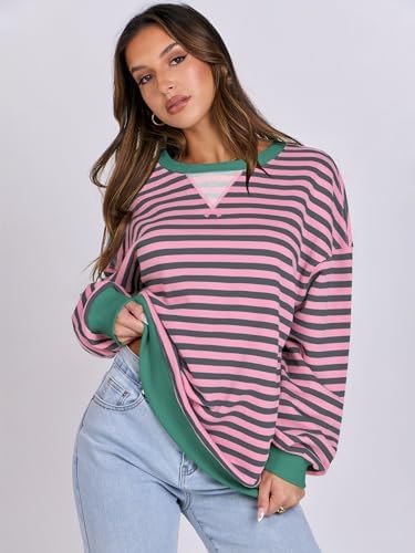 Women's Striped Oversized Crewneck Sweatshirt - Long Sleeve Pullover Trendy Top - Picture 70 of 155