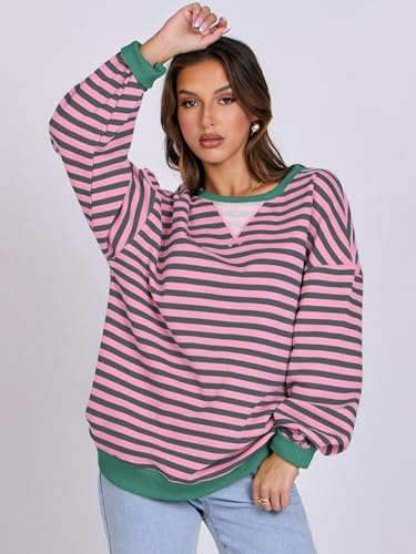 Women's Striped Oversized Crewneck Sweatshirt - Long Sleeve Pullover Trendy Top - Picture 71 of 155