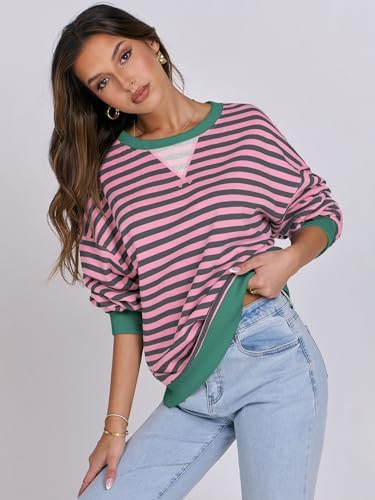 Women's Striped Oversized Crewneck Sweatshirt - Long Sleeve Pullover Trendy Top - Picture 73 of 155
