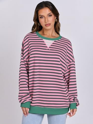 Women's Striped Oversized Crewneck Sweatshirt - Long Sleeve Pullover Trendy Top - Picture 74 of 155