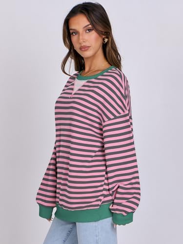 Women's Striped Oversized Crewneck Sweatshirt - Long Sleeve Pullover Trendy Top - Picture 75 of 155
