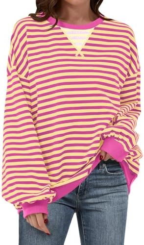 Women's Striped Oversized Crewneck Sweatshirt - Long Sleeve Pullover Trendy Top - Picture 76 of 155