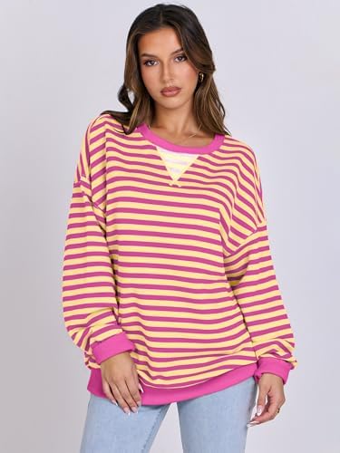 Women's Striped Oversized Crewneck Sweatshirt - Long Sleeve Pullover Trendy Top - Picture 77 of 155