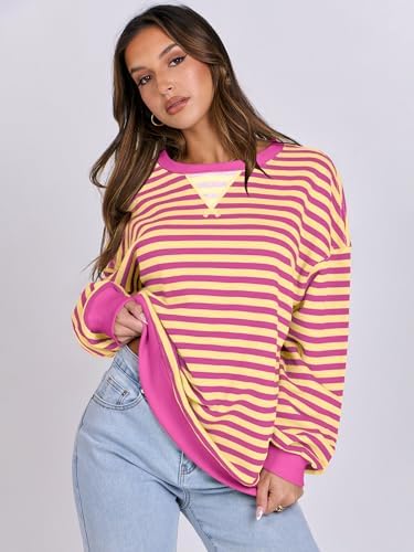 Women's Striped Oversized Crewneck Sweatshirt - Long Sleeve Pullover Trendy Top - Picture 78 of 155
