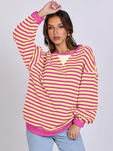Women's Striped Oversized Crewneck Sweatshirt - Long Sleeve Pullover Trendy Top - Picture 79 of 155
