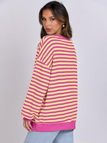 Women's Striped Oversized Crewneck Sweatshirt - Long Sleeve Pullover Trendy Top - Picture 80 of 155