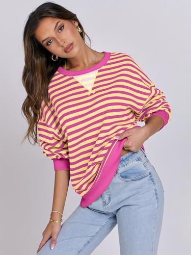 Women's Striped Oversized Crewneck Sweatshirt - Long Sleeve Pullover Trendy Top - Picture 81 of 155