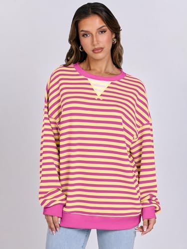 Women's Striped Oversized Crewneck Sweatshirt - Long Sleeve Pullover Trendy Top - Picture 82 of 155