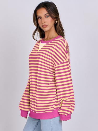 Women's Striped Oversized Crewneck Sweatshirt - Long Sleeve Pullover Trendy Top - Picture 83 of 155