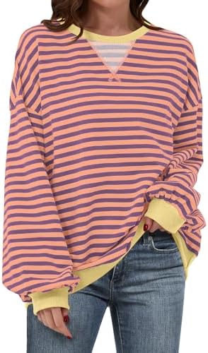 Women's Striped Oversized Crewneck Sweatshirt - Long Sleeve Pullover Trendy Top - Picture 84 of 155
