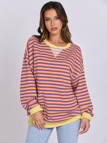 Women's Striped Oversized Crewneck Sweatshirt - Long Sleeve Pullover Trendy Top - Picture 85 of 155