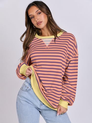 Women's Striped Oversized Crewneck Sweatshirt - Long Sleeve Pullover Trendy Top - Picture 86 of 155