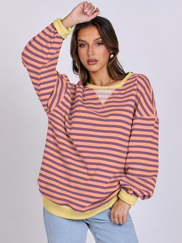 Women's Striped Oversized Crewneck Sweatshirt - Long Sleeve Pullover Trendy Top - Picture 87 of 155