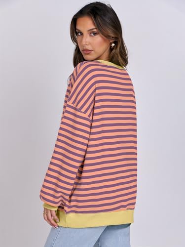 Women's Striped Oversized Crewneck Sweatshirt - Long Sleeve Pullover Trendy Top - Picture 88 of 155