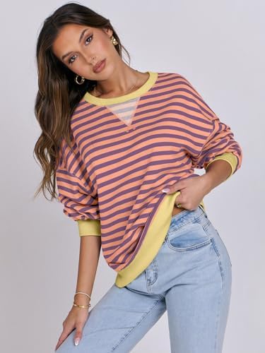 Women's Striped Oversized Crewneck Sweatshirt - Long Sleeve Pullover Trendy Top - Picture 89 of 155