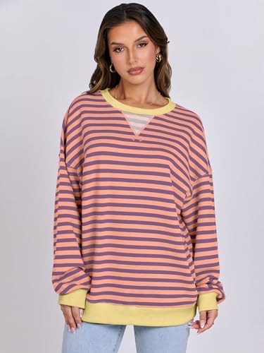 Women's Striped Oversized Crewneck Sweatshirt - Long Sleeve Pullover Trendy Top - Picture 90 of 155