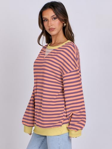 Women's Striped Oversized Crewneck Sweatshirt - Long Sleeve Pullover Trendy Top - Picture 91 of 155