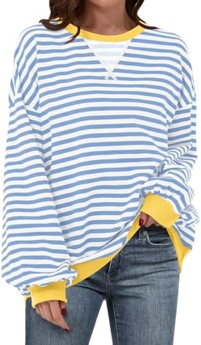 Women's Striped Oversized Crewneck Sweatshirt - Long Sleeve Pullover Trendy Top - Picture 92 of 155