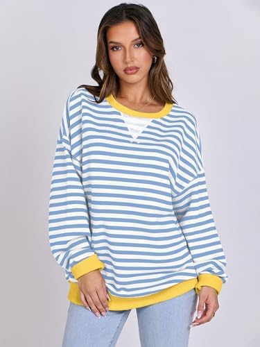 Women's Striped Oversized Crewneck Sweatshirt - Long Sleeve Pullover Trendy Top - Picture 93 of 155